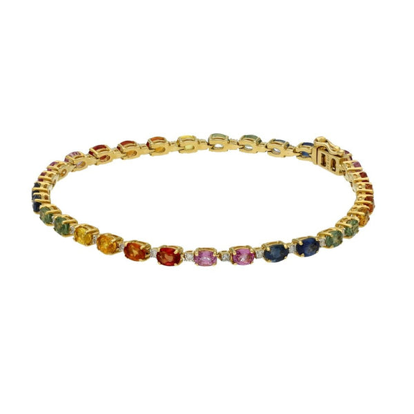 Ladies 9ct Yellow Gold Coloured Stone Set Tennis Bracelet - 7"