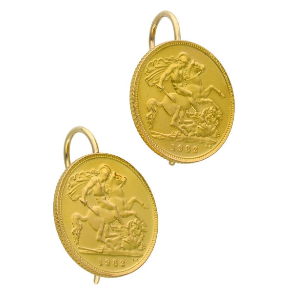 1982 Yellow Gold Half Sovereign Coin Earrings - 8.8g