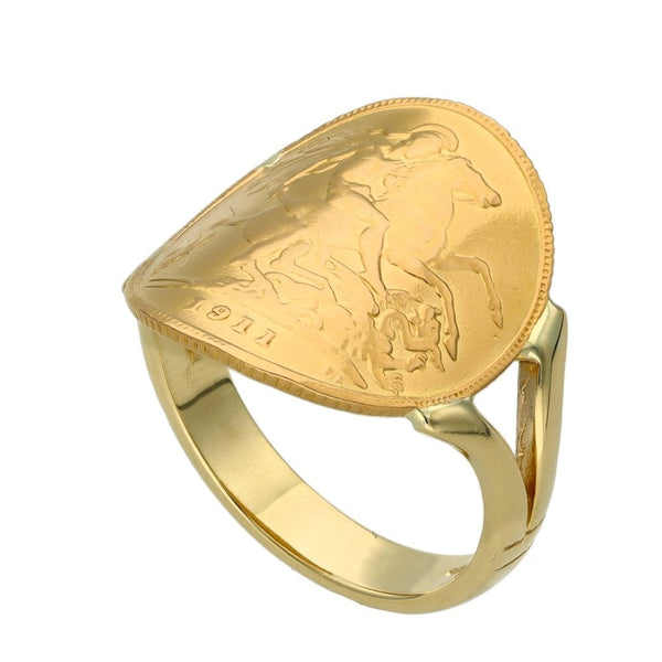 1911 Yellow Gold Half Sovereign Coin Bent Over Ring - 6.1g