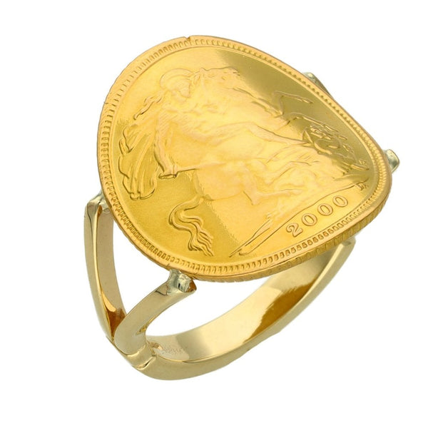 2000 Yellow Gold Half Sovereign Bent Over Coin Ring - 6.3g