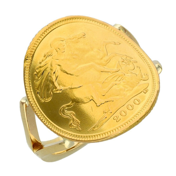 2000 Yellow Gold Half Sovereign Bent Over Coin Ring - 6.3g