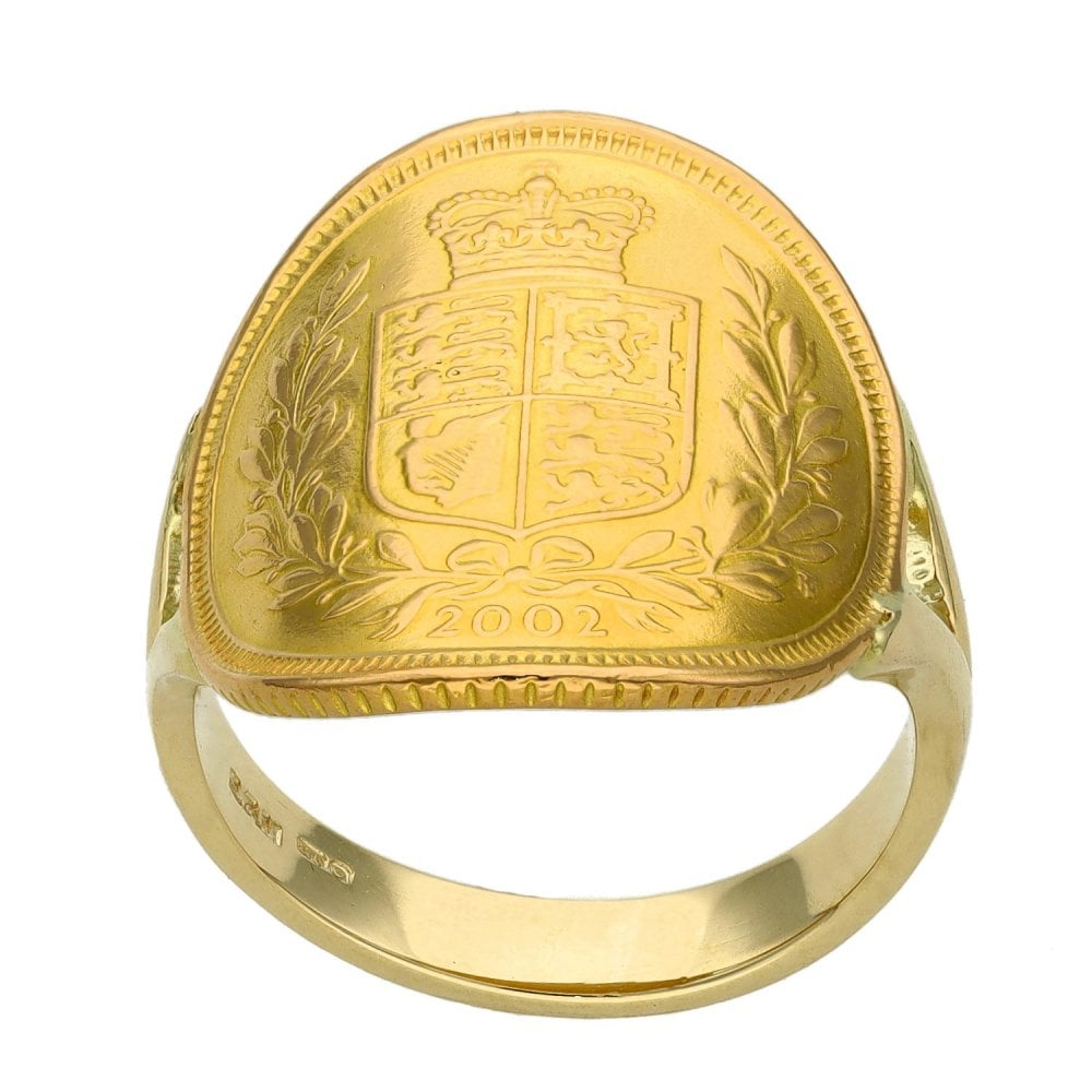 2002 Yellow Gold Half Sovereign Bent Over Coin Ring - Size L