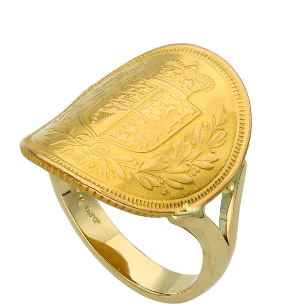 2002 Yellow Gold Half Sovereign Bent Over Coin Ring - Size L