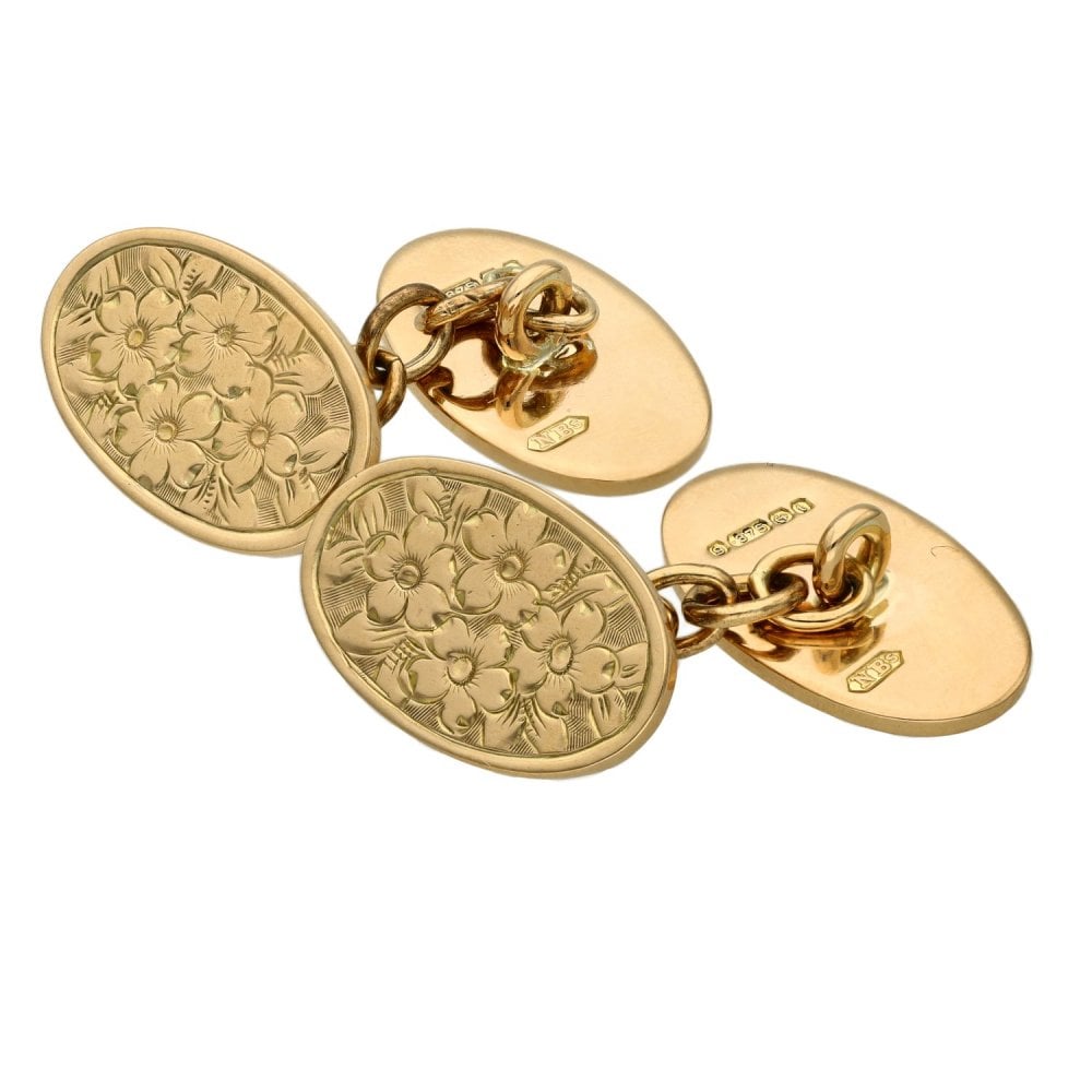 Mens 9ct Yellow Gold Oval Cufflinks - 9.2g