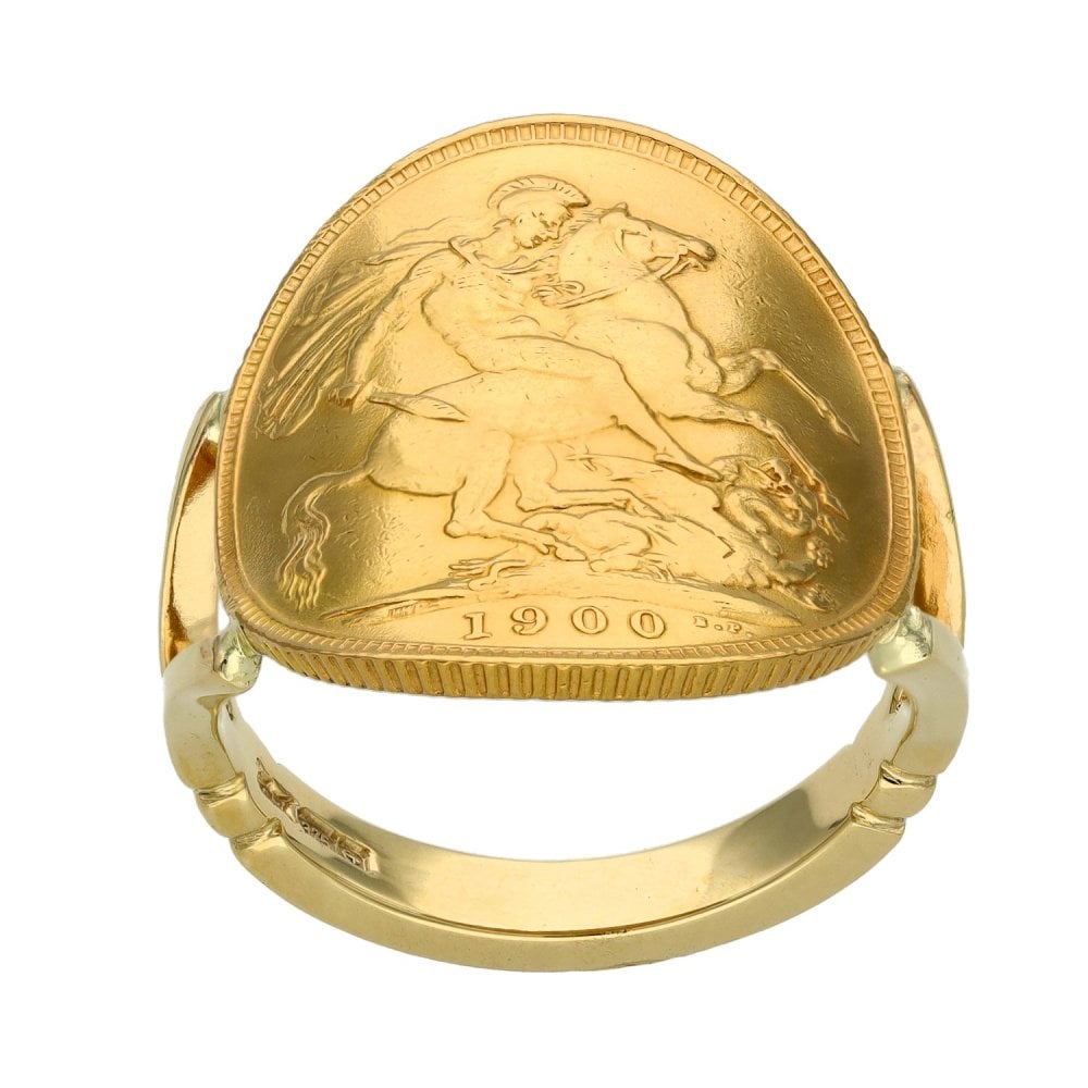 1900 Yellow Gold Full Sovereign Bent Over Coin Ring - 10.7g