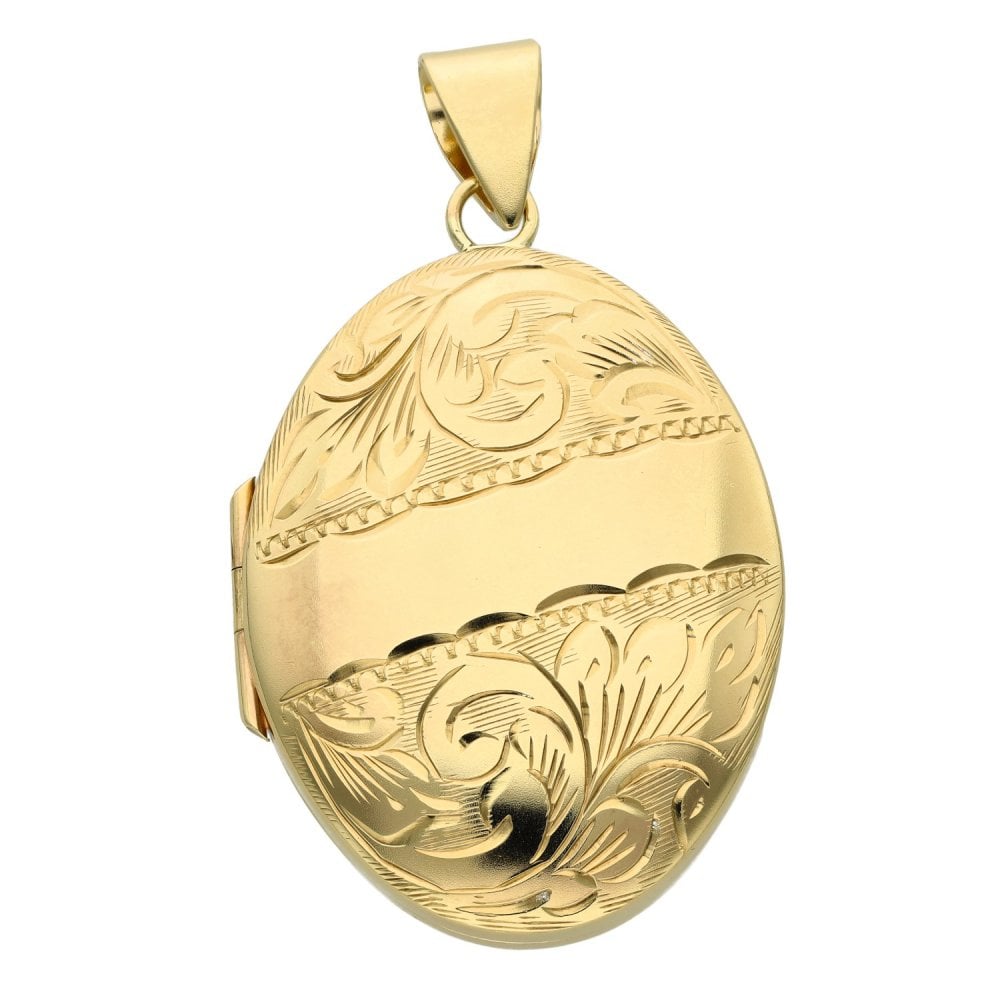 9ct Yellow Gold Oval Feather-Engraved Locket - 29x42x10mm -11.8g