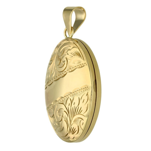 9ct Yellow Gold Oval Feather-Engraved Locket - 29x42x10mm -11.8g