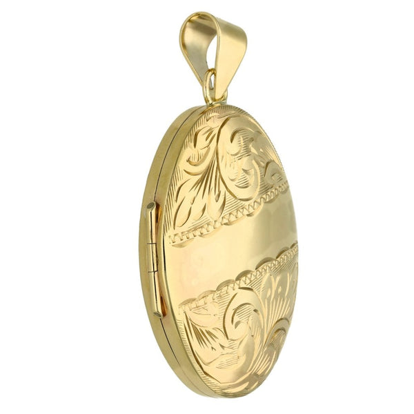 9ct Yellow Gold Oval Feather-Engraved Locket - 29x42x10mm -11.8g