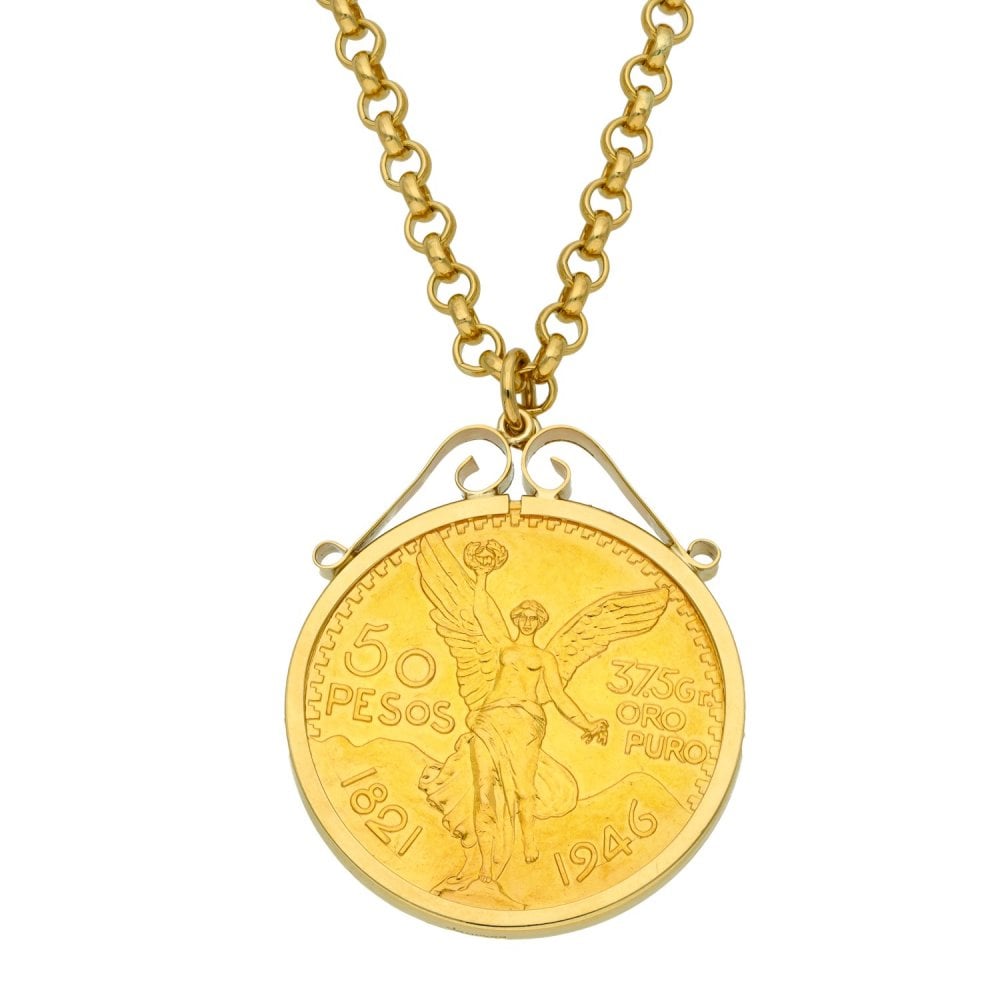 9ct Yellow Gold Mexican 50 Pesos Pendant & Chain -  24" - 74.0g