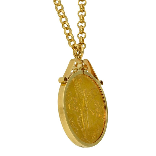 9ct Yellow Gold Mexican 50 Pesos Pendant & Chain -  24" - 74.0g