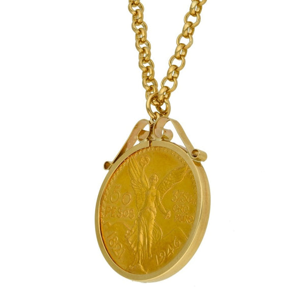 9ct Yellow Gold Mexican 50 Pesos Pendant & Chain -  24" - 74.0g