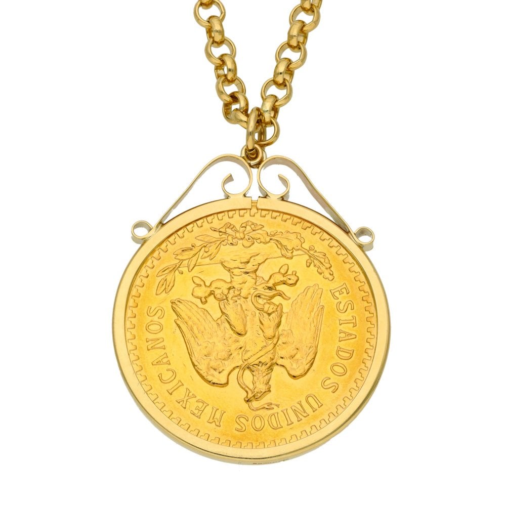 9ct Yellow Gold Mexican 50 Pesos Pendant & Chain -  24" - 74.0g