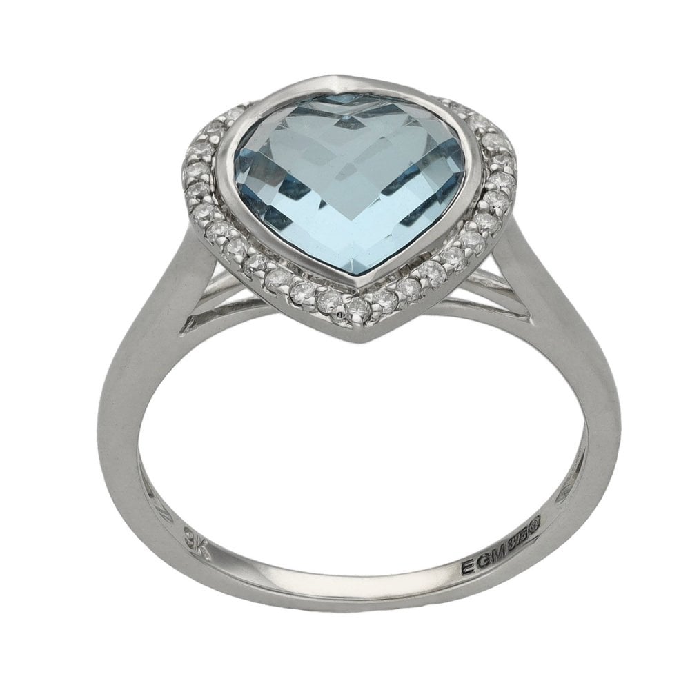 Ladies 9ct White Gold Aquamarine & Diamond Heart Ring - 0.16ct