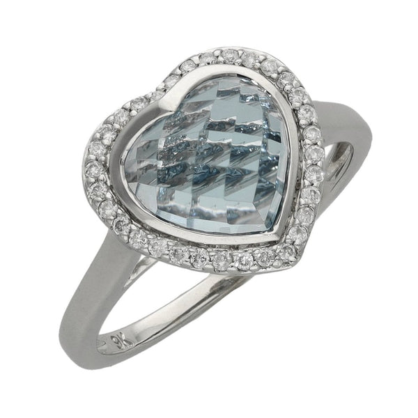Ladies 9ct White Gold Aquamarine & Diamond Heart Ring - 0.16ct