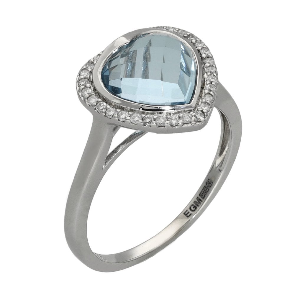 Ladies 9ct White Gold Aquamarine & Diamond Heart Ring - 0.16ct