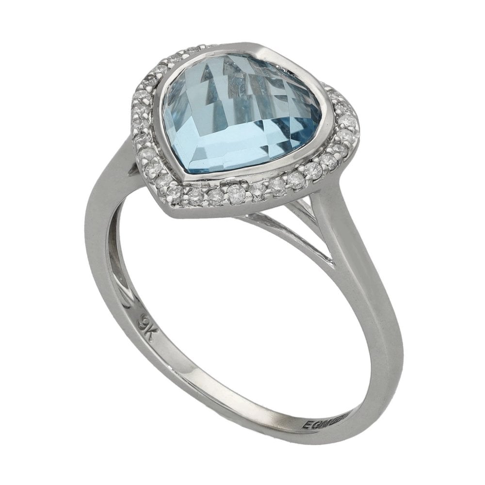 Ladies 9ct White Gold Aquamarine & Diamond Heart Ring - 0.16ct