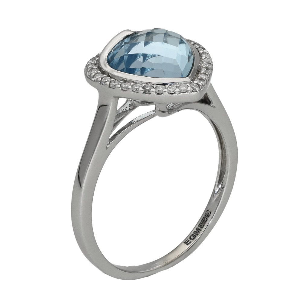 Ladies 9ct White Gold Aquamarine & Diamond Heart Ring - 0.16ct