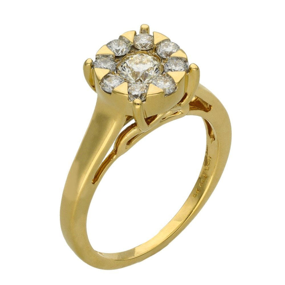 18ct Yellow Gold Diamond Cluster Ring - Size O - 0.75ct
