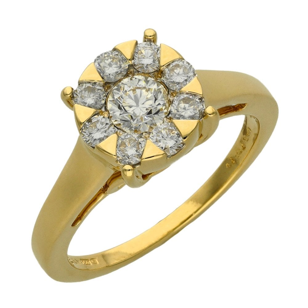 18ct Yellow Gold Diamond Cluster Ring - Size O - 0.75ct