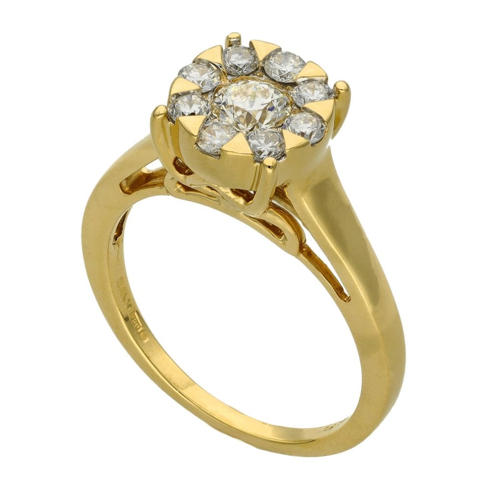 18ct Yellow Gold Diamond Cluster Ring - Size O - 0.75ct