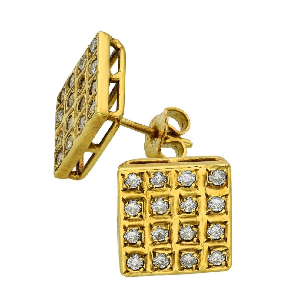 Ladies 18ct Yellow Gold Square Diamond Earrings - 0.96ct