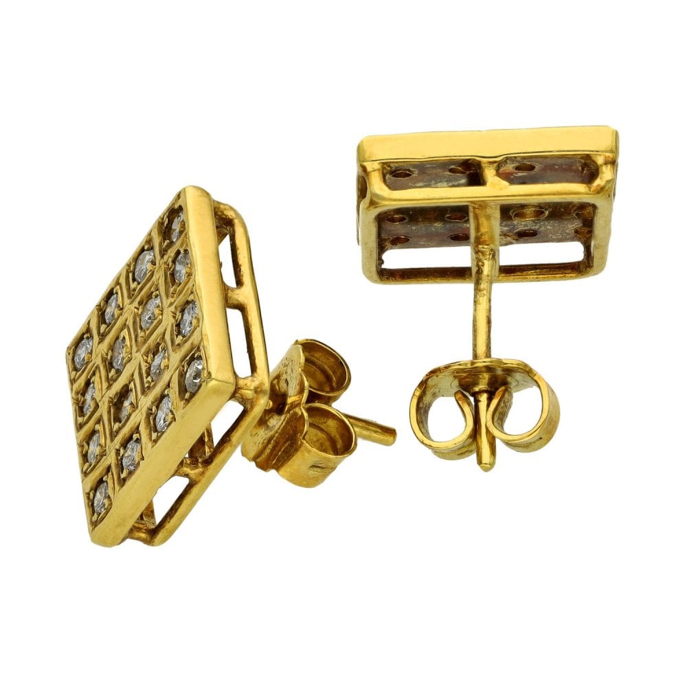 Ladies 18ct Yellow Gold Square Diamond Earrings - 0.96ct
