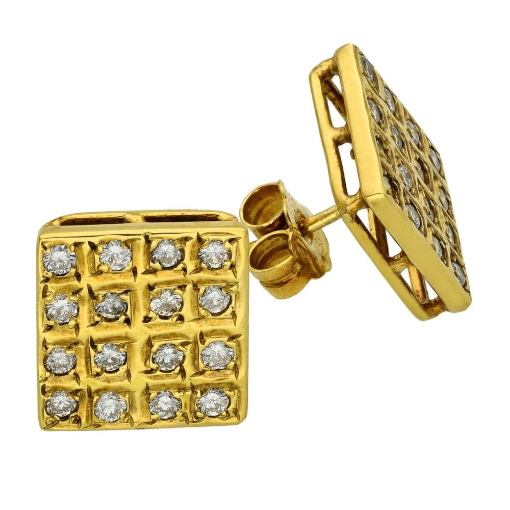 Ladies 18ct Yellow Gold Square Diamond Earrings - 0.96ct