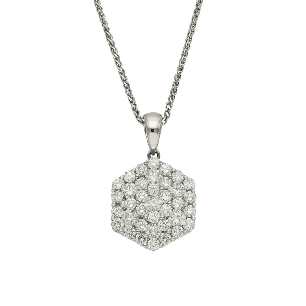 Ladies 18ct White Gold Diamond Cluster Pendant & Chain - 1.30ct