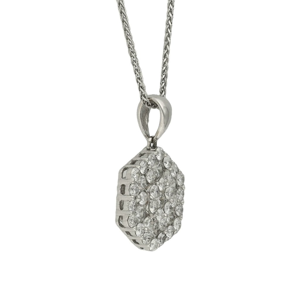Ladies 18ct White Gold Diamond Cluster Pendant & Chain - 1.30ct