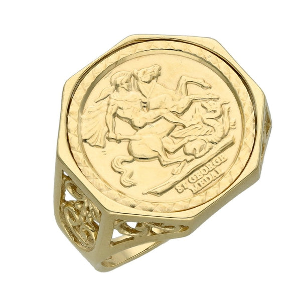 Gents 9ct Yellow Gold St. George Coin Ring - Size S