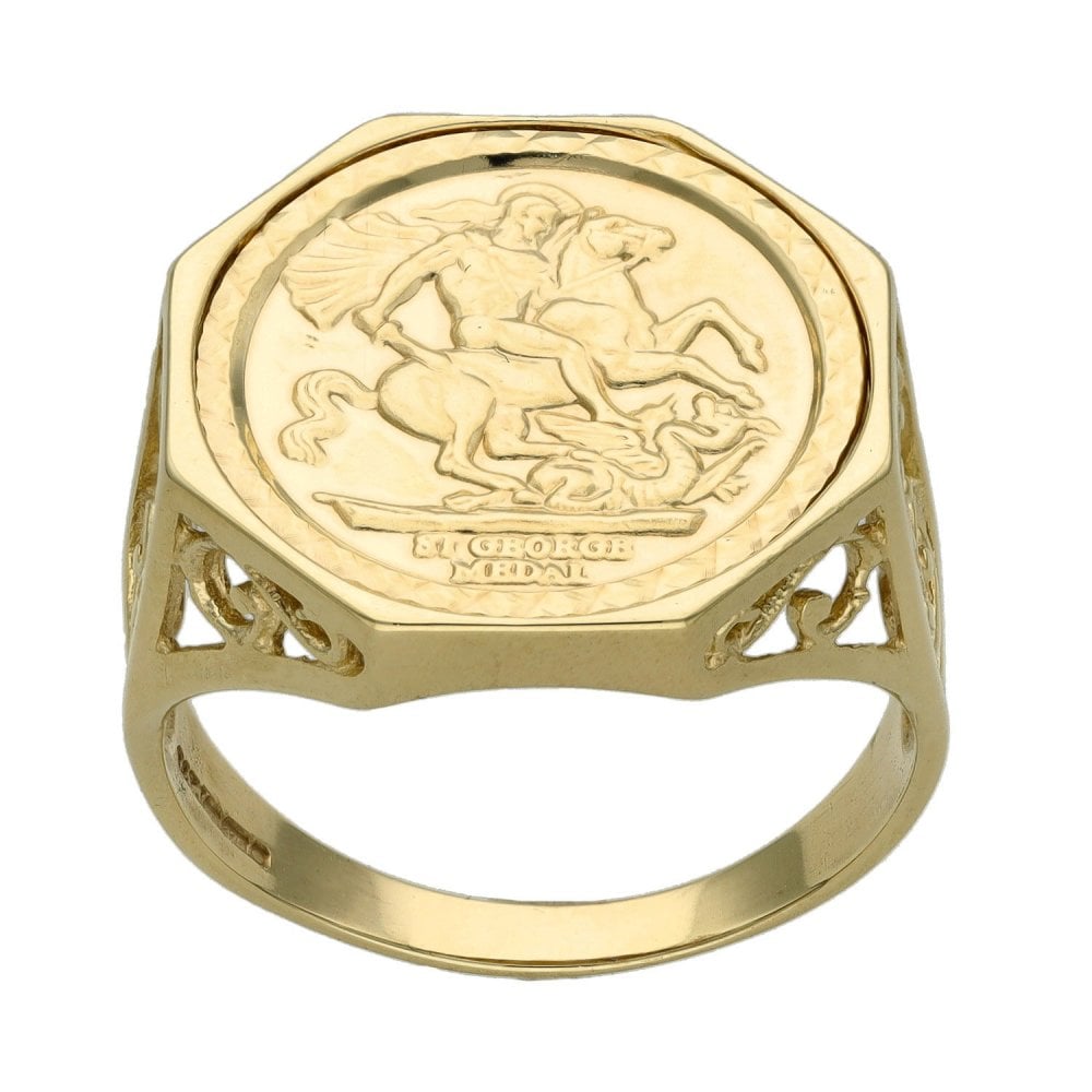 Gents 9ct Yellow Gold St. George Coin Ring - Size S