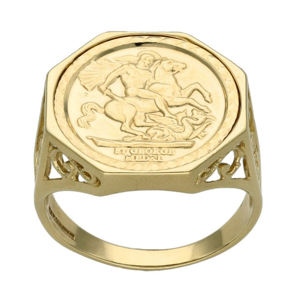Gents 9ct Yellow Gold St. George Coin Ring - Size S