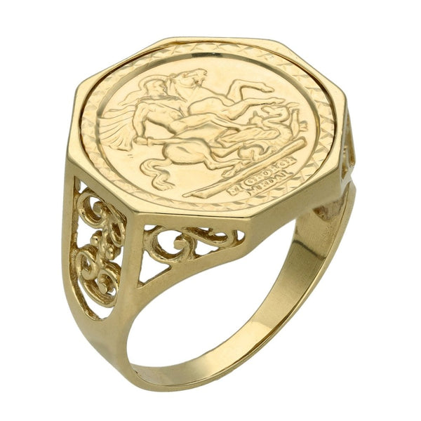 Gents 9ct Yellow Gold St. George Coin Ring - Size S