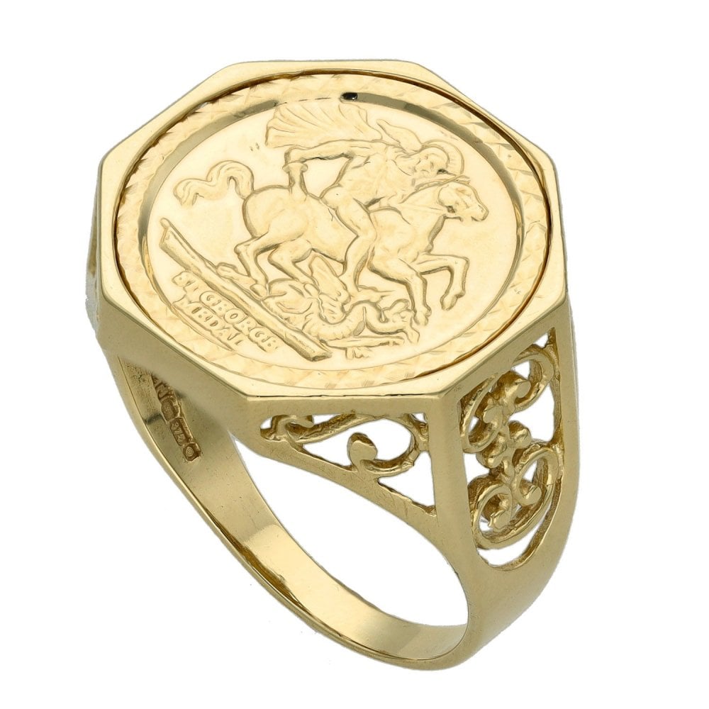 Gents 9ct Yellow Gold St. George Coin Ring - Size S