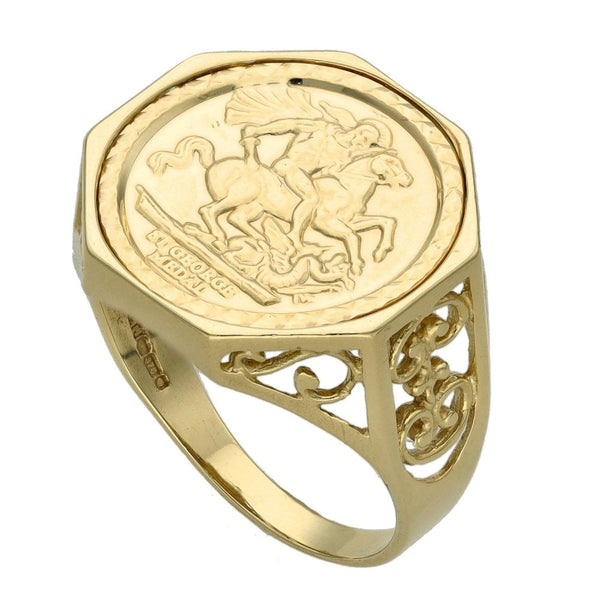Gents 9ct Yellow Gold St. George Coin Ring - Size S