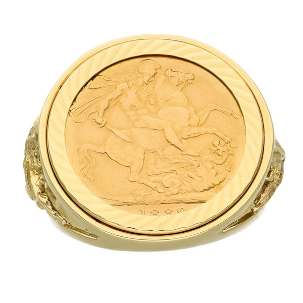 1889 Yellow Gold Full Sovereign Coin Ring - 15.2g