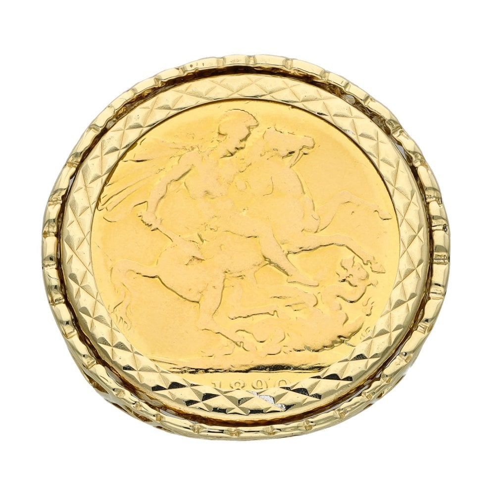 1890 Yellow Gold Full Sovereign Coin Mounted Ring - Size Q