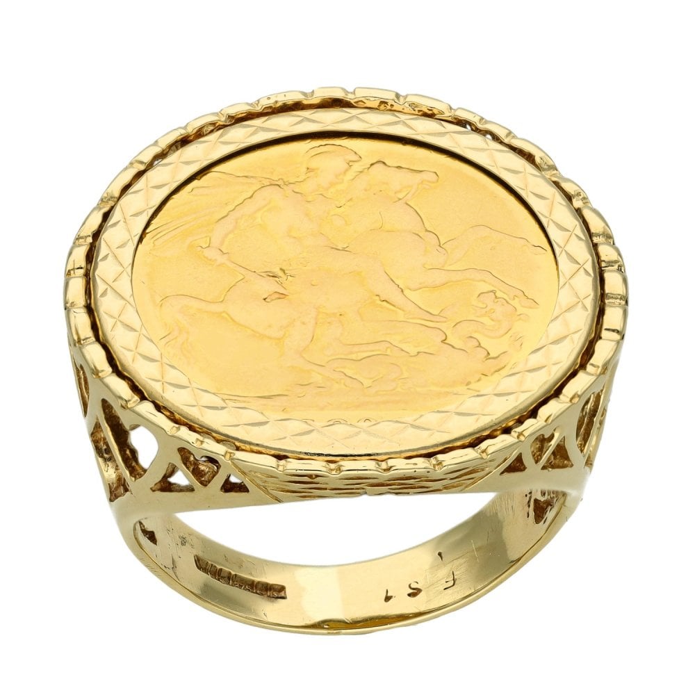1890 Yellow Gold Full Sovereign Coin Mounted Ring - Size Q
