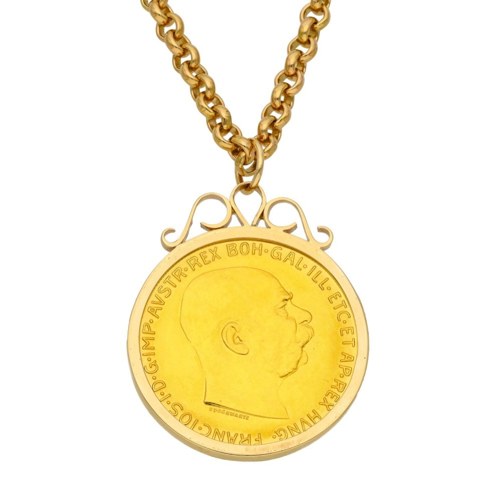9ct Yellow Gold 100 Crorona Austrian Coin Pendant & 26" Chain