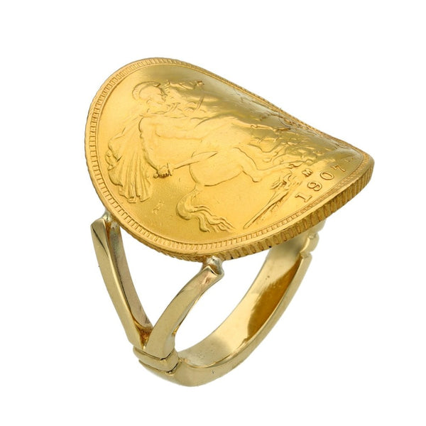 1907 Yellow Gold Bent-Over Full Sovereign Coin Ring - Size R½