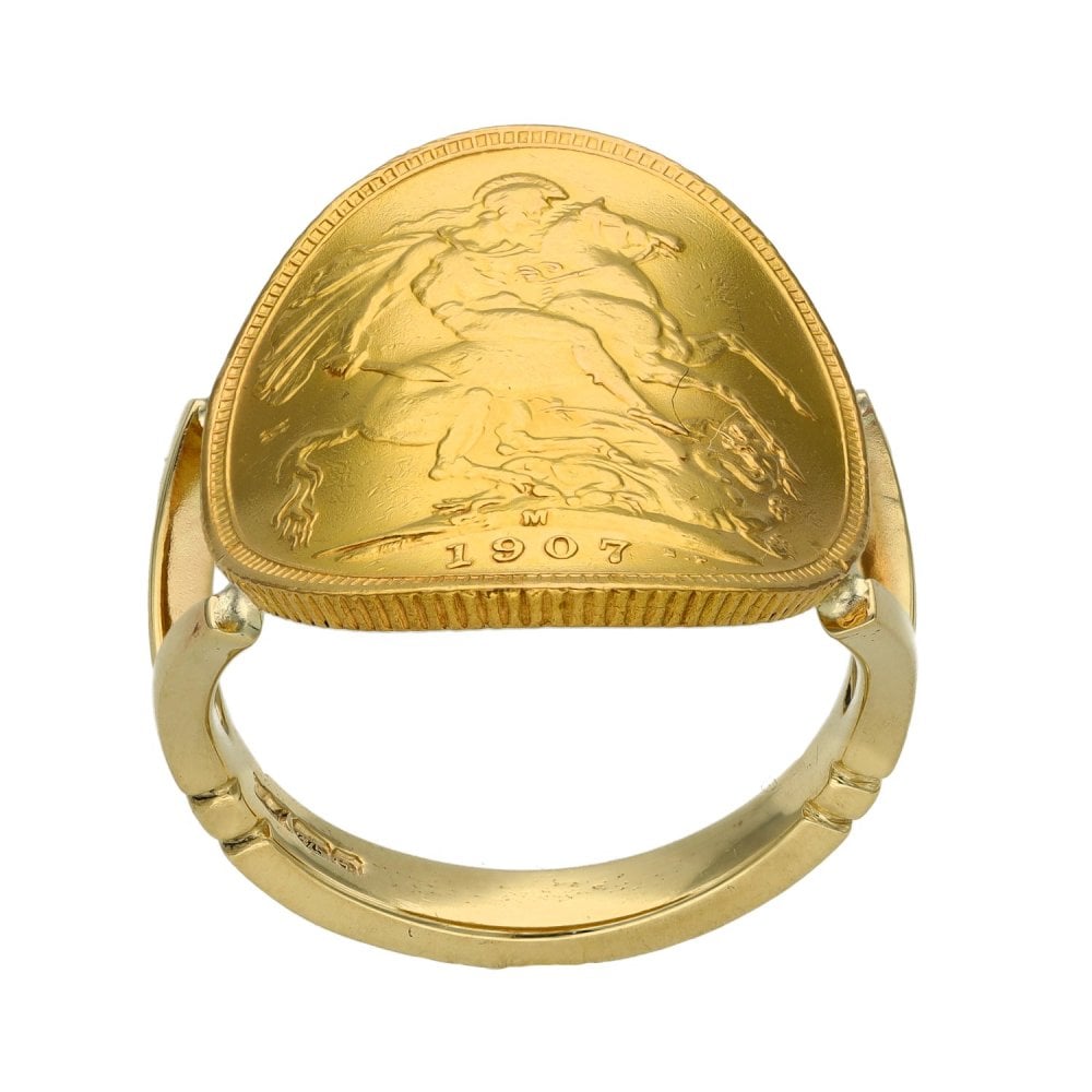 1907 Yellow Gold Bent-Over Full Sovereign Coin Ring - Size R½