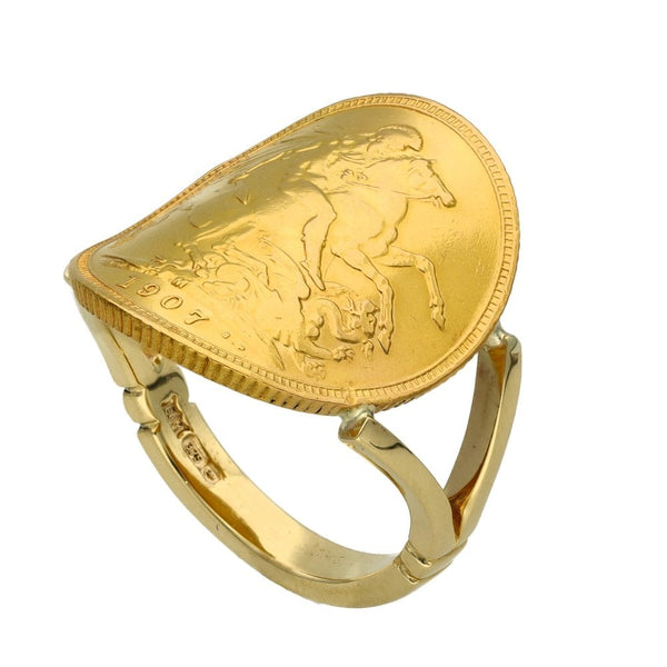 1907 Yellow Gold Bent-Over Full Sovereign Coin Ring - Size R½
