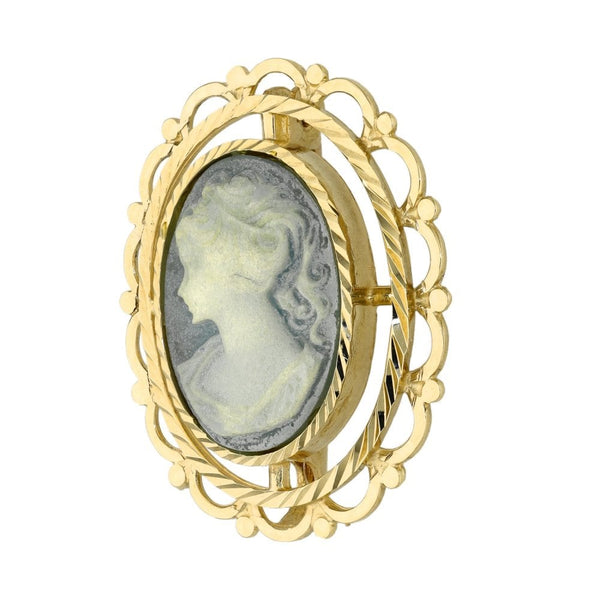 Ladies 9ct Yellow Gold Blue Cameo Brooch - 4.3g