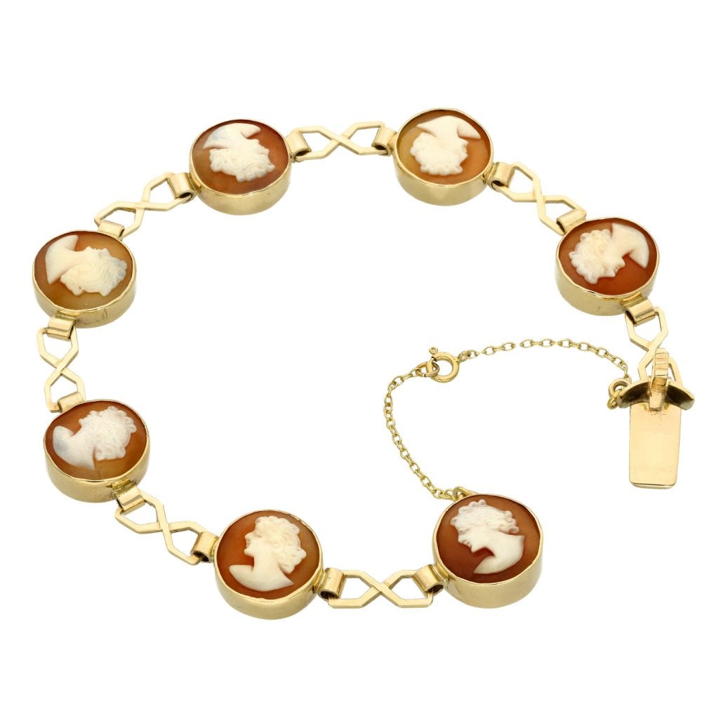 Ladies 9ct Yellow Gold Cameo Set Bracelet - 7" - 13.9g
