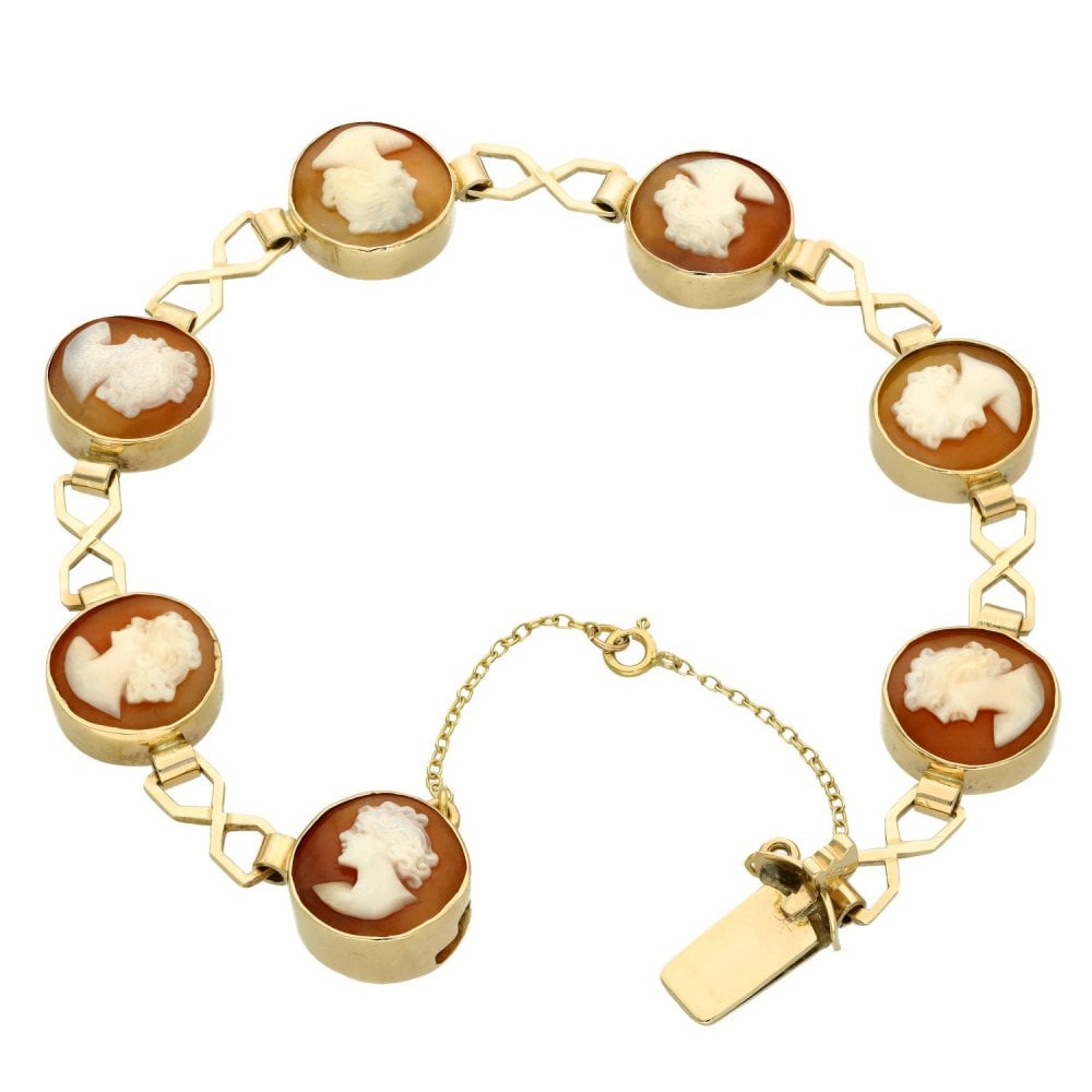 Ladies 9ct Yellow Gold Cameo Set Bracelet - 7" - 13.9g