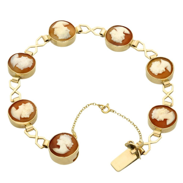 Ladies 9ct Yellow Gold Cameo Set Bracelet - 7" - 13.9g