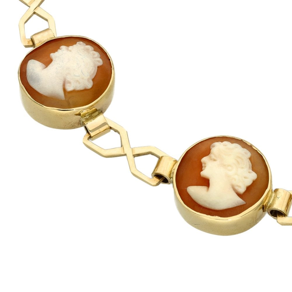 Ladies 9ct Yellow Gold Cameo Set Bracelet - 7" - 13.9g