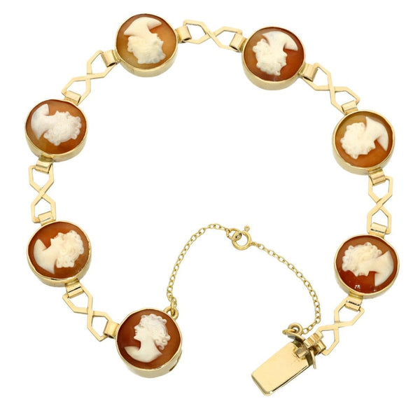 Ladies 9ct Yellow Gold Cameo Set Bracelet - 7" - 13.9g
