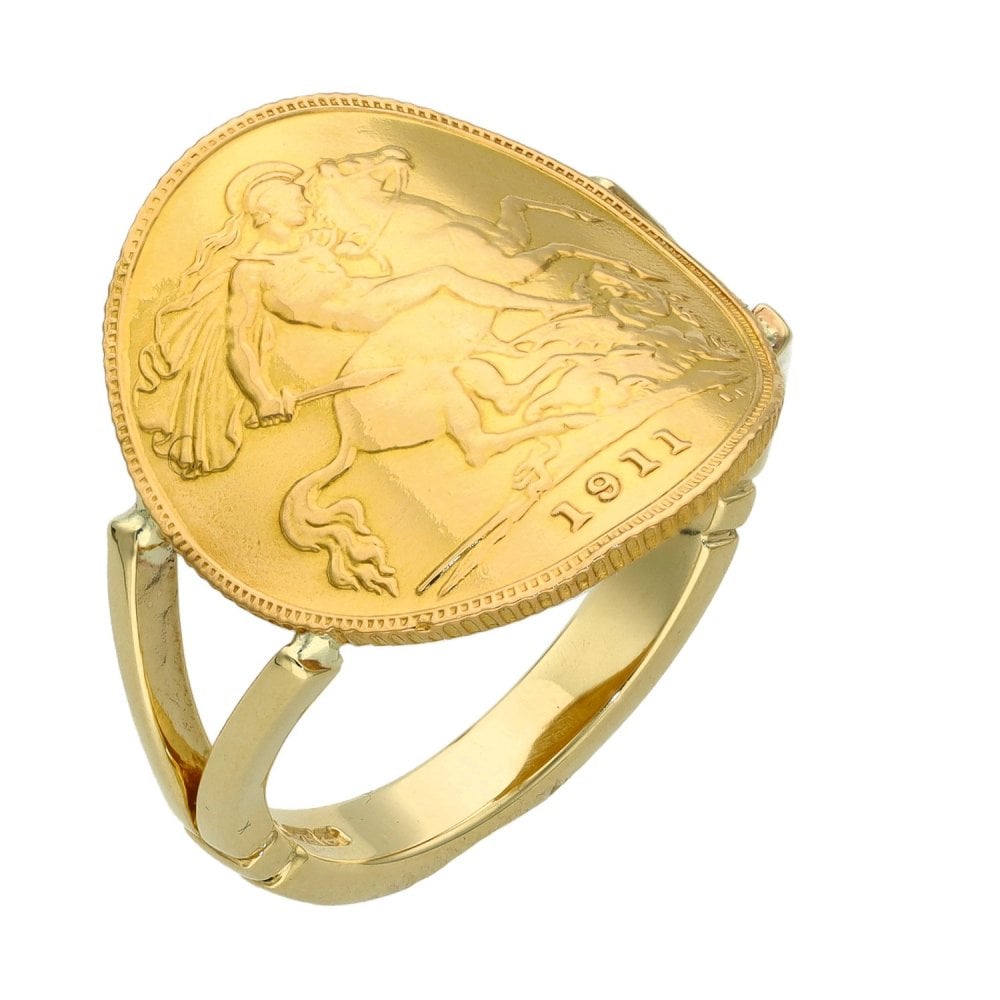 1911 Yellow Gold Bent-Over Half Sovereign Coin Ring - Size P