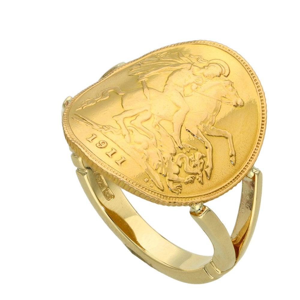 1911 Yellow Gold Bent-Over Half Sovereign Coin Ring - Size P